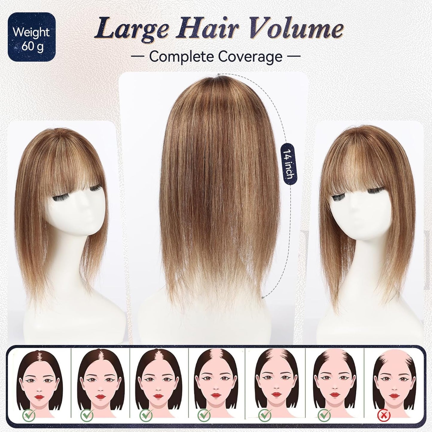 Real Human Hair Toppers for Women - 14 Inch Silk Base, Mixed Brown with Bangs | 60g