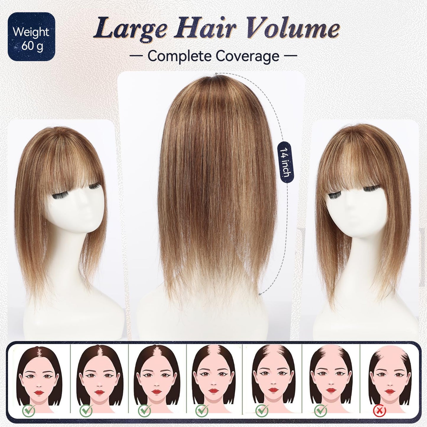 starluck 6x5 inch Large Swiss Base SilkHug 14 Inch Real Human Hair Toppers,60 Gram, 100% Real Human Hair Toppers for Women with thinning (Mixed Brown, with Bangs) T4/4/BC#