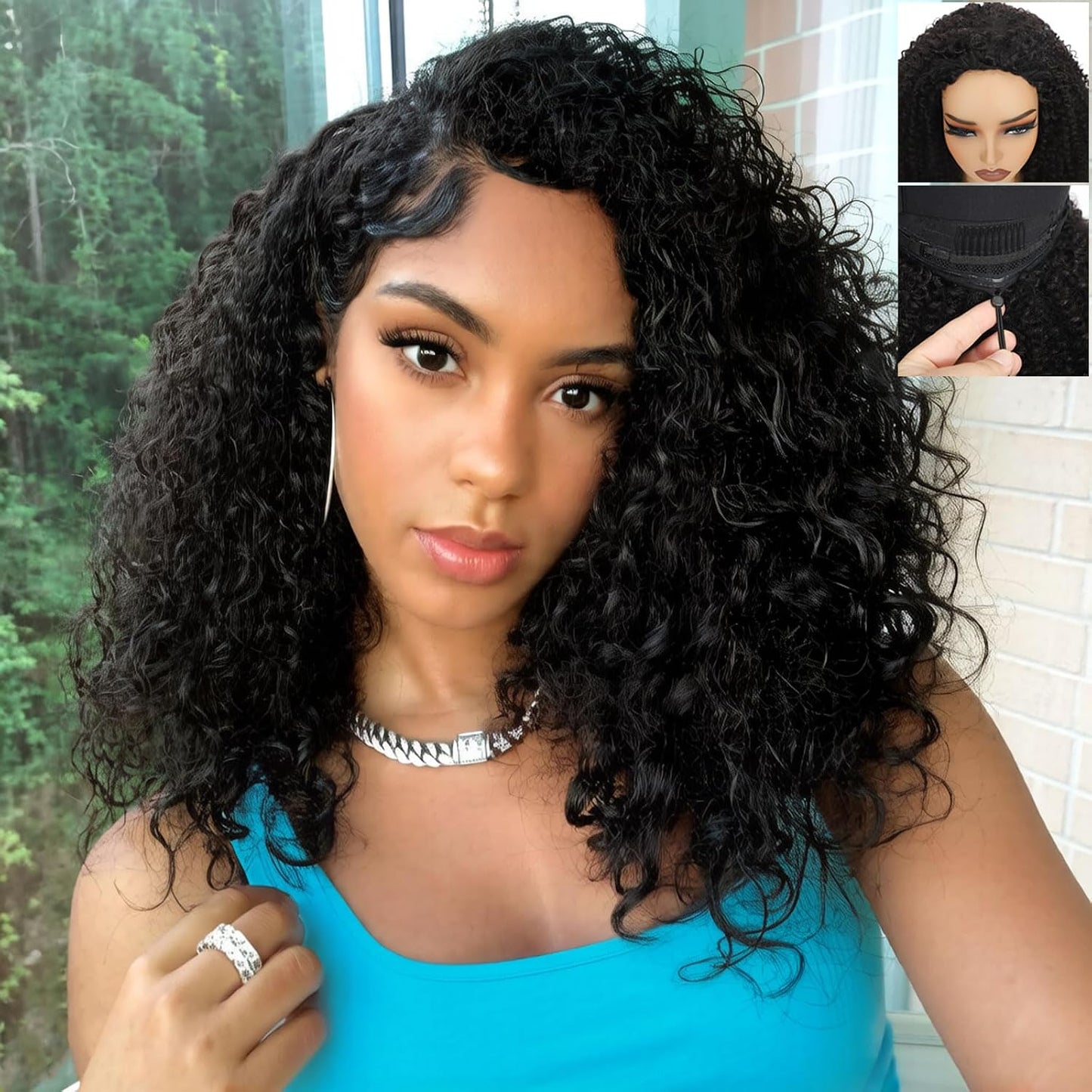 Kinky Curly Half Wig - 18 Inch 200 Density Human Hair Blend | Glueless Headband Wig in Natural Black for Easy Styling