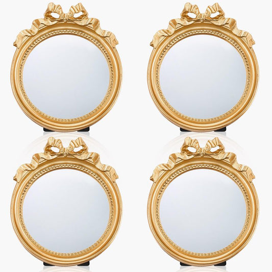 Threehoney 2 Pack Portable Small Vintage Gold Bow Mirror 4.1" Round Vintage Makeup Desk Mirror for Bedroom, Bathroom, Table Decoration