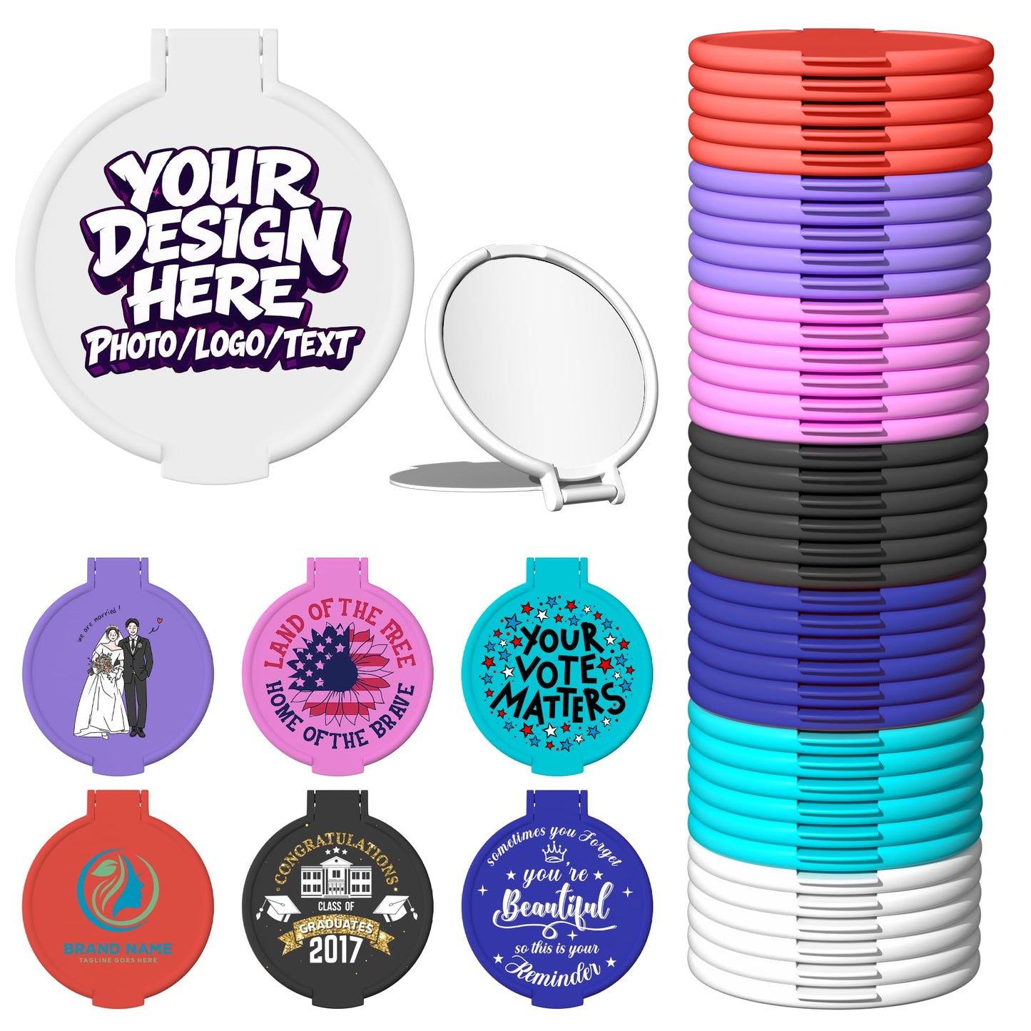 Custom Compact Mirror Bulk,Pack 10-150 Personalized Travel Mirror with Your Logo/Photo/Text,Pocket Handheld Makeup Mirrors for Purse,Personalized Gifts for Branding,Giveaways,Promotion,Party Favors