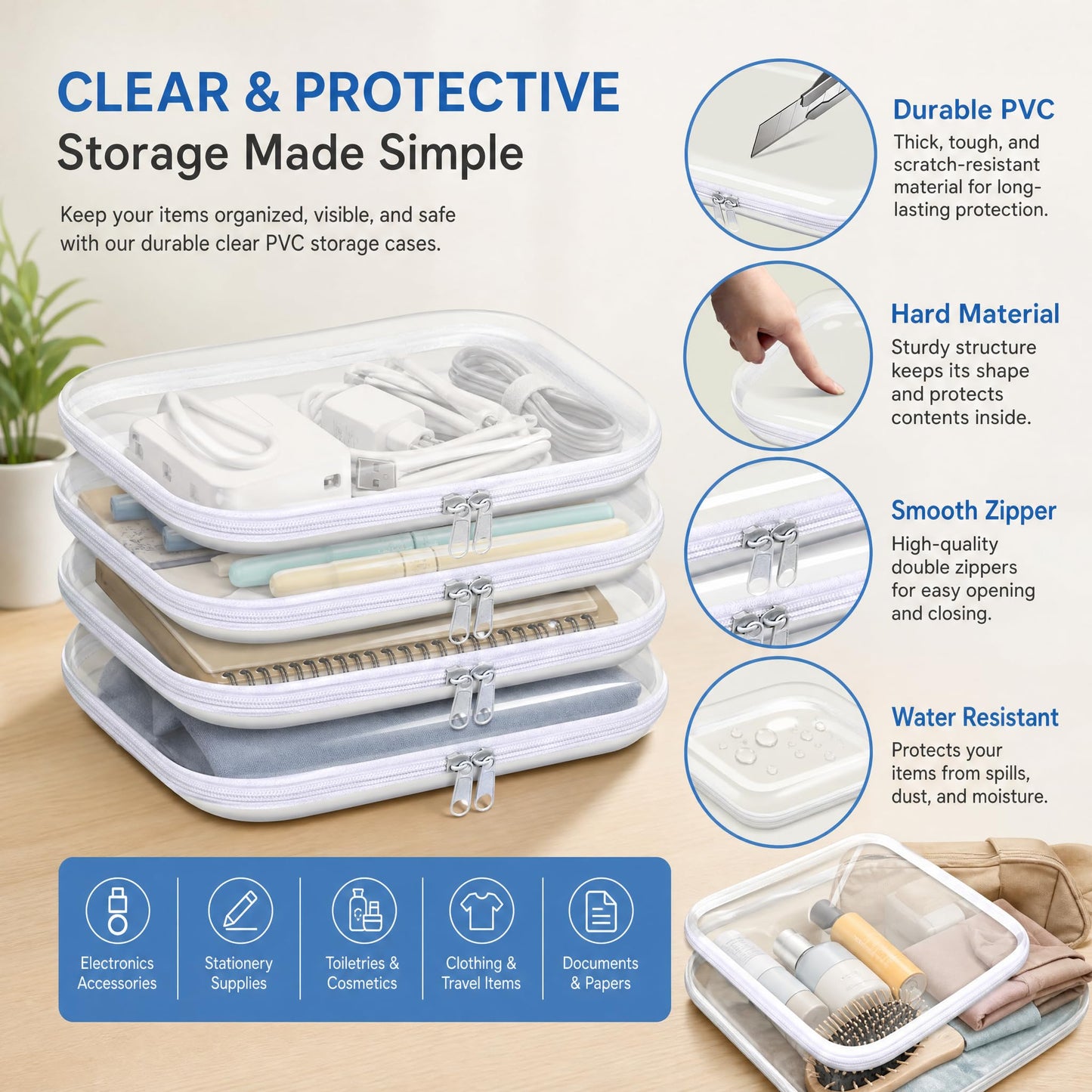 SXS LACONIC Clear Hard Plastic Zipper Case,Transparent Double Zippers Hard Pouch with 3pcs,Portable Travel Organizer Bin for Toy Storage
