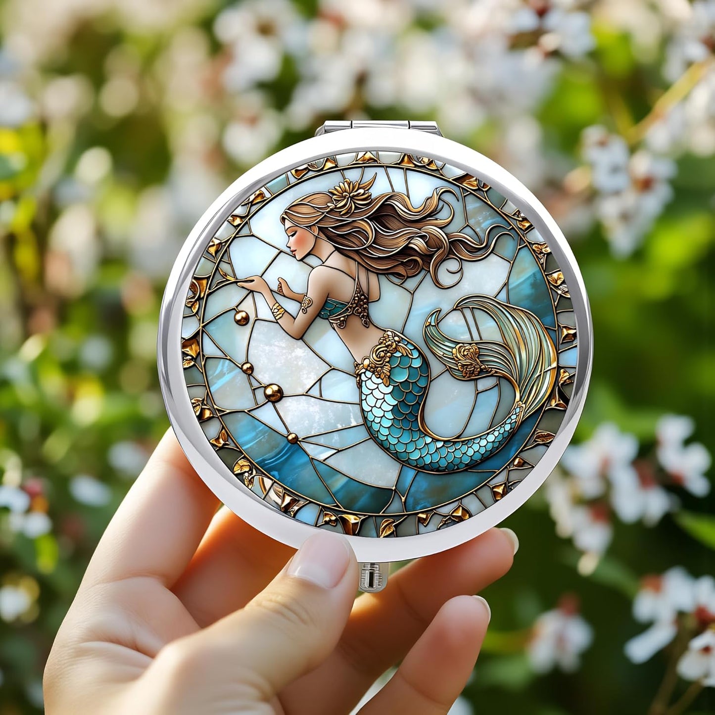 Double-Sided Silver Compact Mirror - 2.8x2.8 Inch Mermaid Design | Perfect Gift for Women