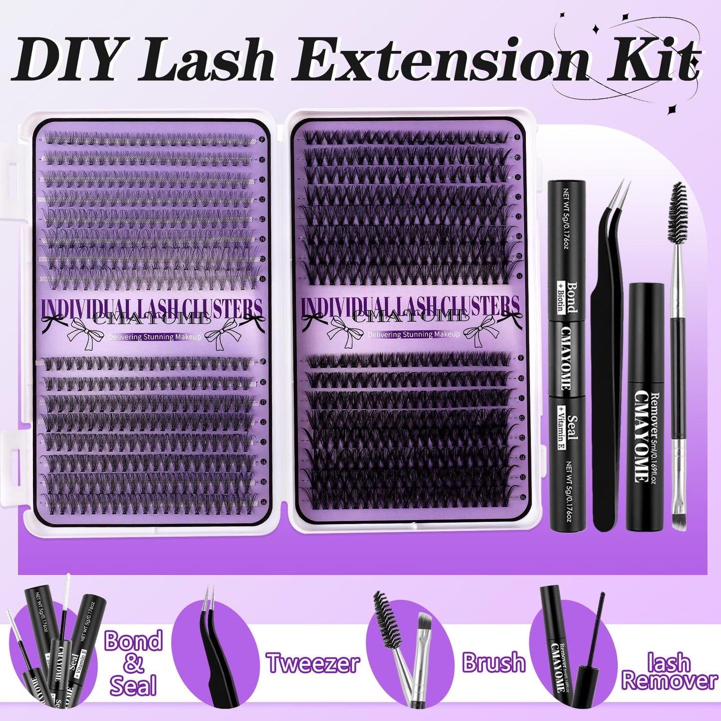 CMAYOME Lash Clusters Kit, 10D 20D 30D 40D Lash Extension Kit with Lash Bond and Seal, 640Pcs Eyelash Clusters with Lash Tweezers, Lash Remover and Eyelash Brush
