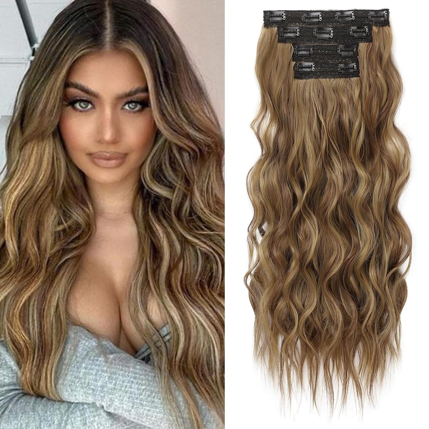 REECHO Clip-In Hair Extensions - 24" Thick Blonde Beach Waves | Invisible Lace Weft, Natural Soft Hairpieces for Women