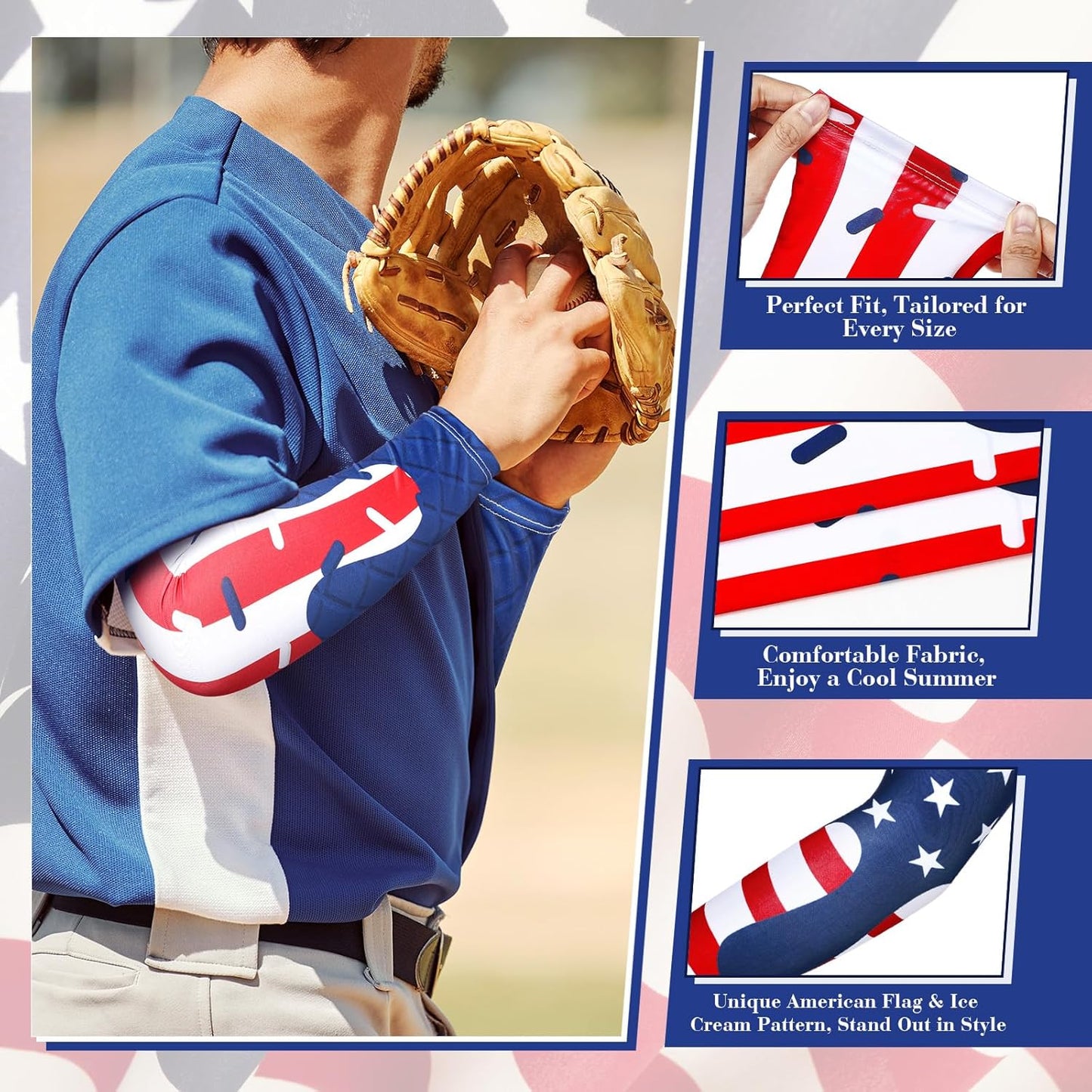 Ice Cream Drip Baseball Arm Sleeves - Youth Sun Protection | 6 Pairs, American Flag Design
