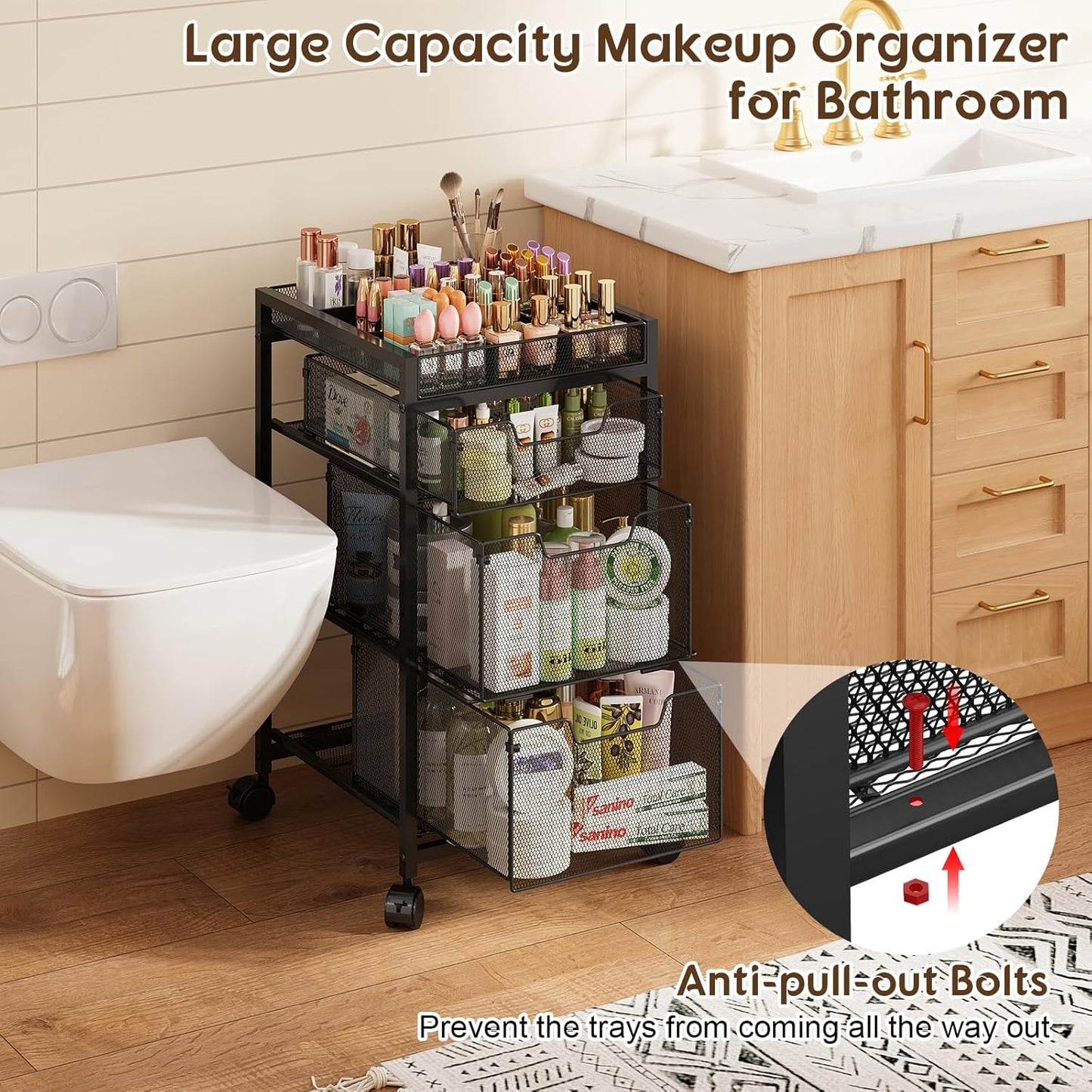 Rolling Makeup Cart Organizer - 3 Drawer Cosmetics Storage with Wheels | Versatile Vanity Organizer for Skincare & Beauty Tools - Black