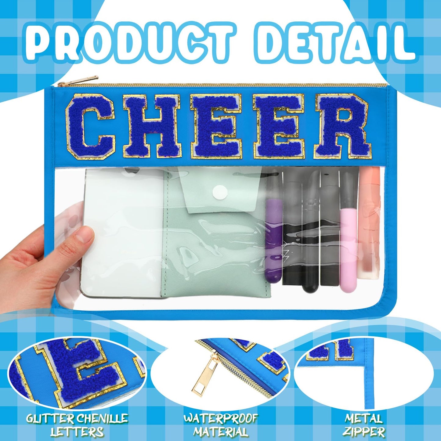 Abbylike 4 Pcs Cheer Makeup Bag Gift Set 11.8x8.2 Inches for Cheerleader Team Girls Clear Chenille Letter Cosmetic Bags Zipper Toiletry Makeup Pouch Bulk Women Travel Snack Bag(Blue,Cheer)