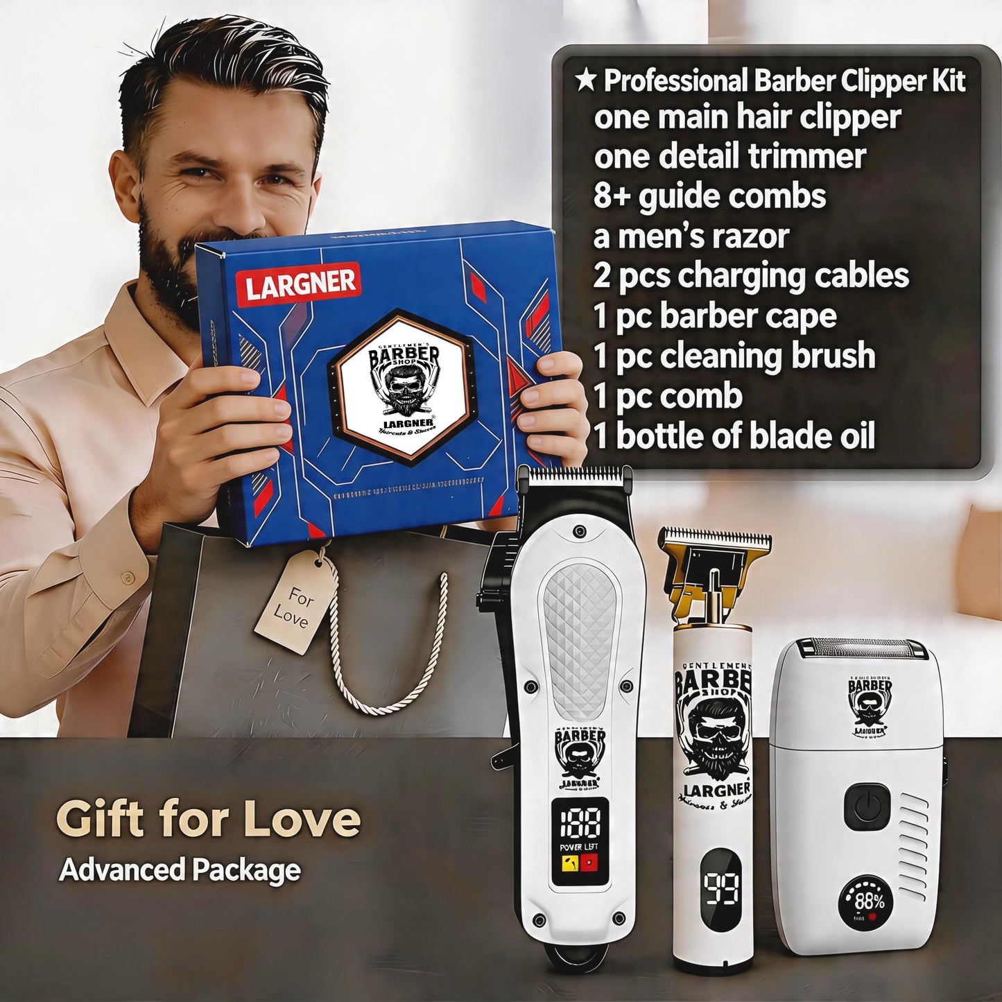 LARGNERSHAVER Hair Clippers for Men, Clippers and Trimmers Set, Barber Clippers, Electric Hair Trimmer with Box, Gifts for Men (White-3in1)