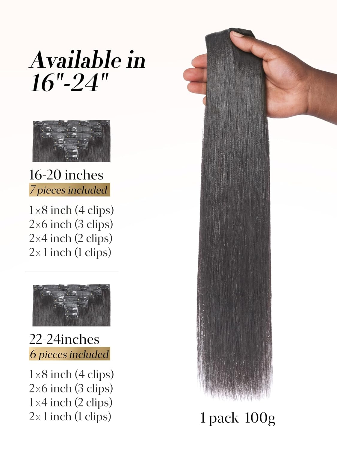 LUVME Invisible Clip-In Hair Extensions - 0.59mm Yaki Straight 24 Inch, 100% Real Human Hair, 6 Pcs 100g | Wider Wefts for Easy Sectioning