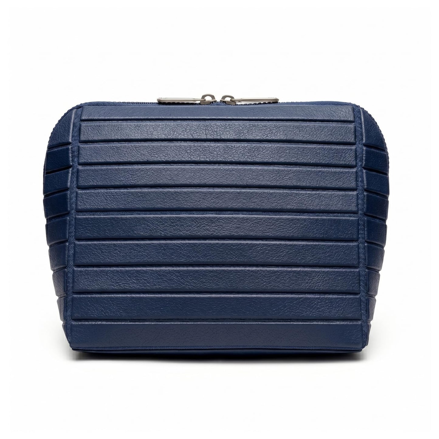 Parallel Traveler Makeup Bag, Large Capacity PVC Toiletry Case, Fold Down Cosmetic Bag with Brush Holder, Water-Resistant & Portable Makeup Bag for Women (Navy Blue, Medium)
