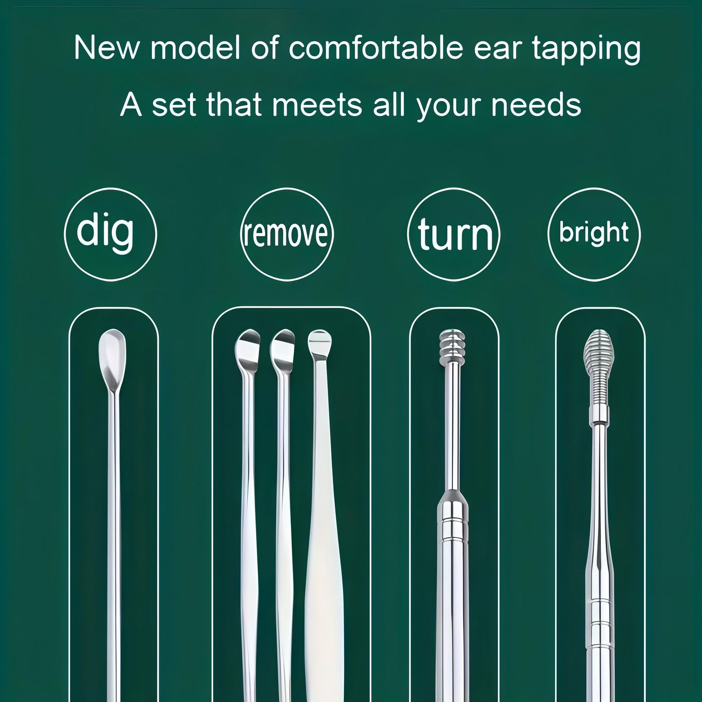 Cylindrical Ear Pick Set, Stainless Steel Cylindrical Design Portable 6-Piece Kit for Travel Home Personal Ear Care, Silver