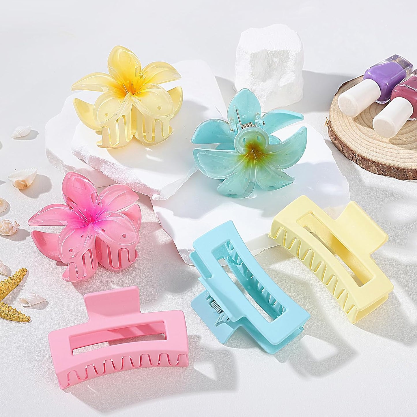 Flower Hair Clips - Square Claw Clips for Thick or Thin Hair | 6 PCS Hawaiian Hibiscus & Plumeria Styles (Pink)