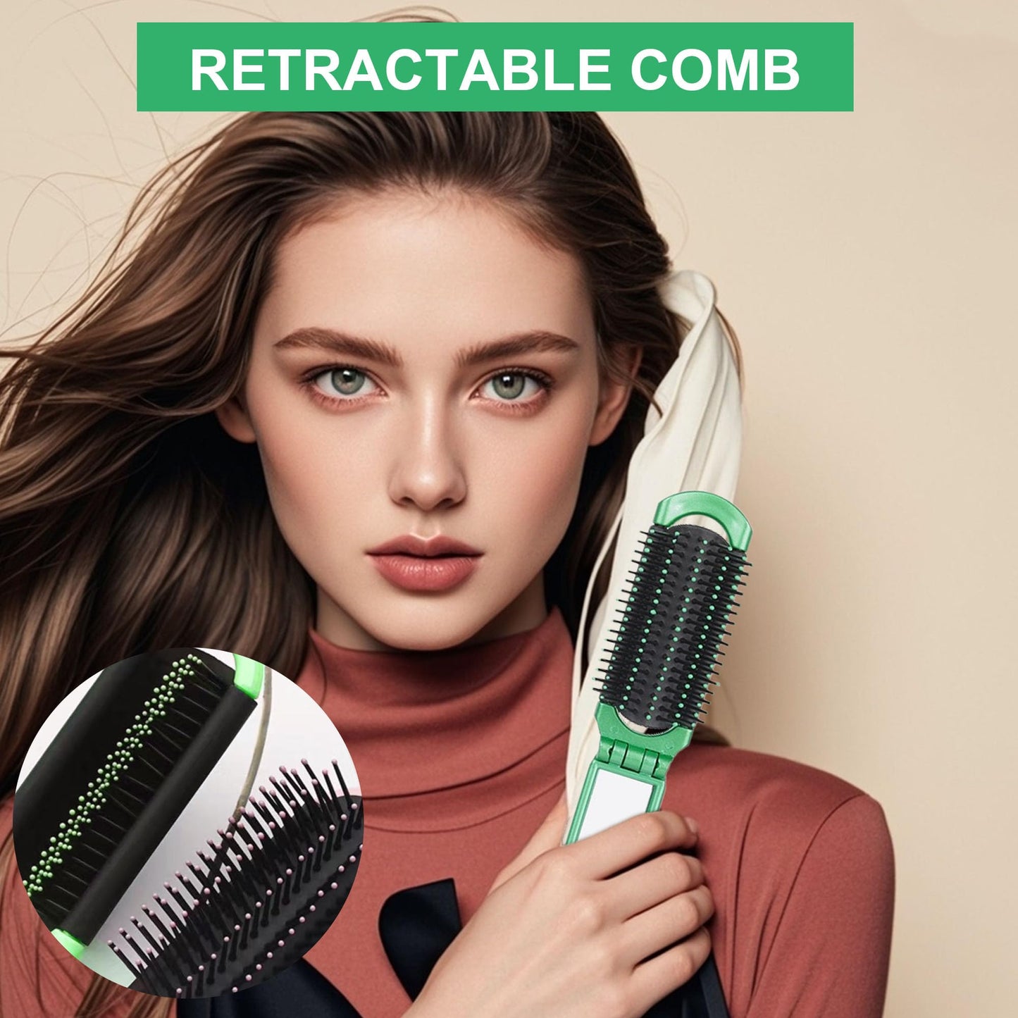 Folding Hair Brush with Mirror for Women and Girls 2Pcs, Mini Pocket Comb with Soft Nylon Bristles, Compact Travel Tool for Purse, Small Portable Hair Styling Accessory On the Go Styling Green