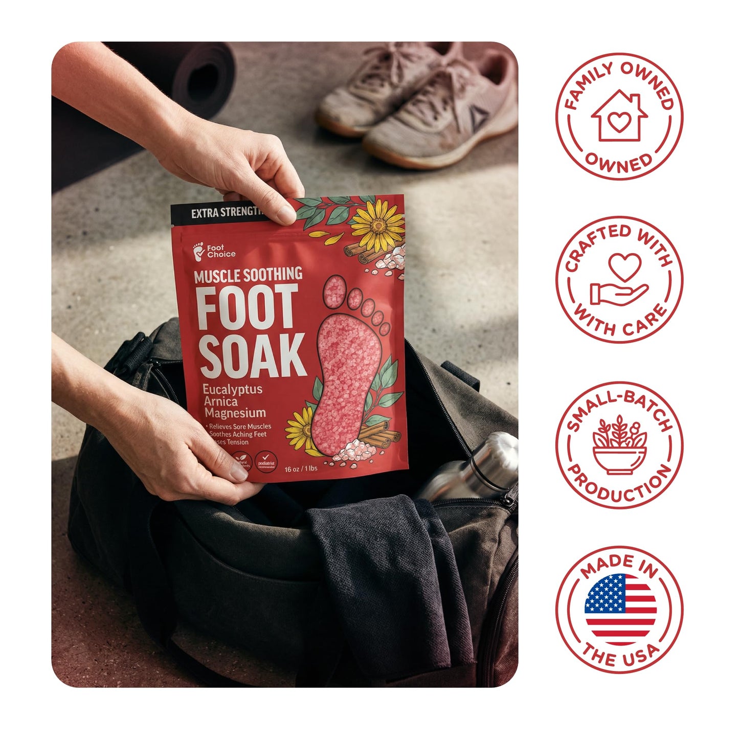 Foot Choice Muscle Soothing Foot Soak with Epsom Salt & Arnica - Relieves Soreness, Eases Tension & Recovery for Athletes - Eucalyptus & Peppermint - 1lb