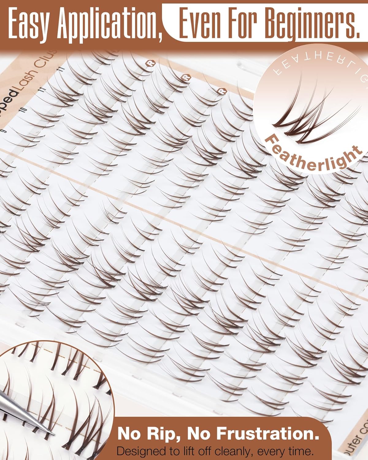 Natural Eyelash Extensions - Brown Lash Clusters | CC Curl, 9-10-11MM, Short Wispy Cat Eye Design