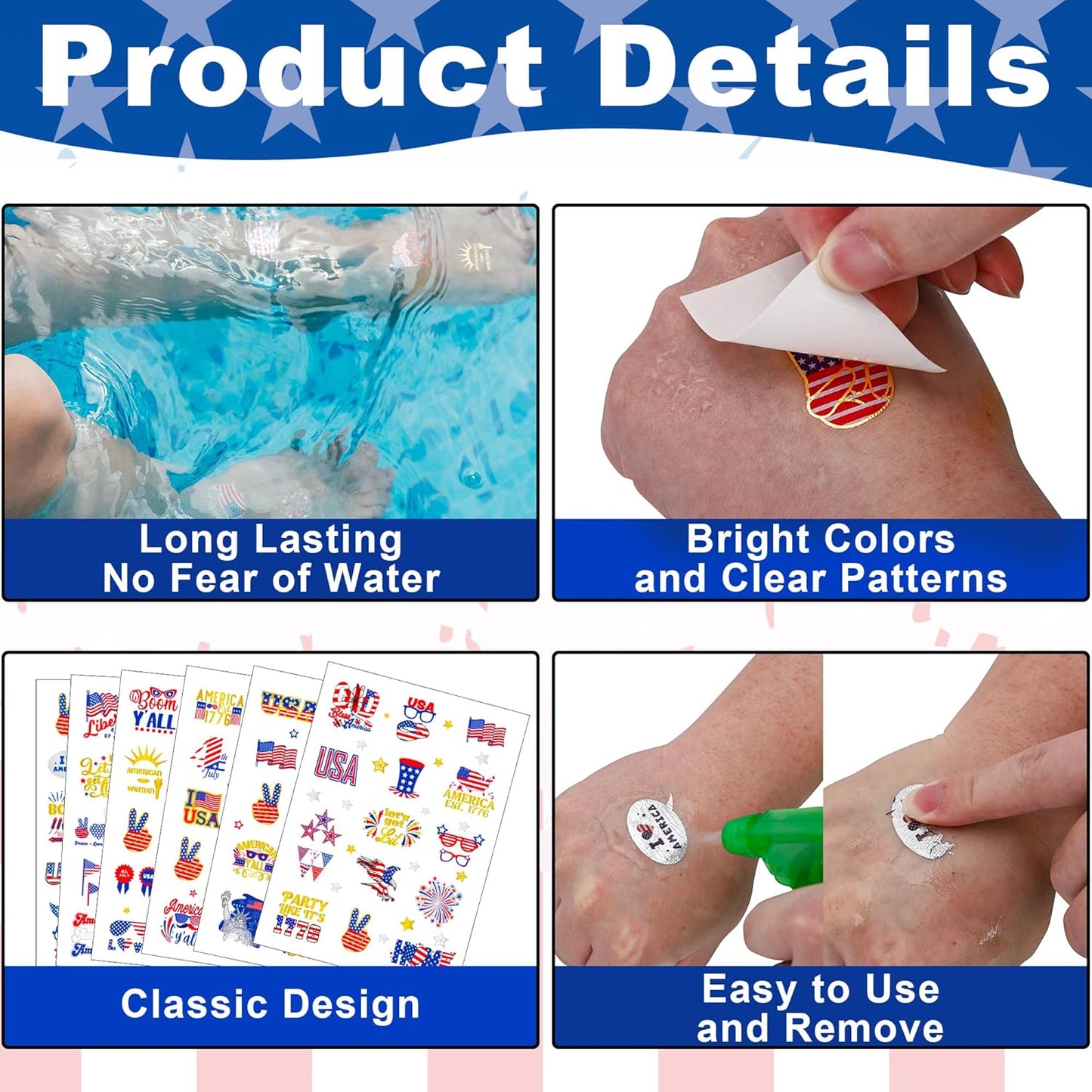 64 PCS 4th of July Temporary Tattoos - Patriotic American Flag Body Art | Red, White & Blue Designs
