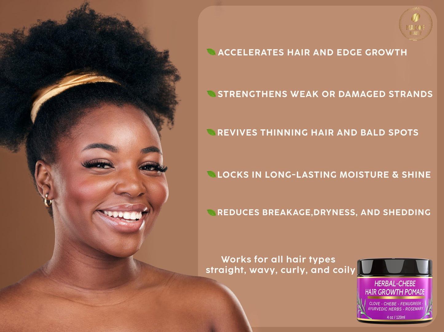 MAKOF BEAUTY Chebe Hair Growth Grease - Herbal Pomade with Clove, Fenugreek, Rosemary, Moringa & Ayurvedics Herbs for Hair Loss, Edges & Thinning Hair 4oz