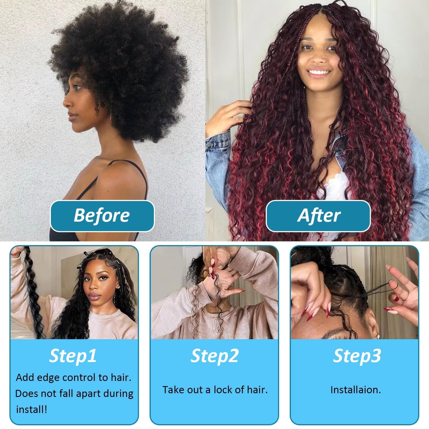 12 12 Inch #99J Burgundy Human Braiding Hair for Boho Braids 2 Bundles 50g/Bundle Deep Wave Bulk Human Hair Knotless Boho Braiding Wine Red Deep Curly Virgin No Weft Extensions Bohemian Braids