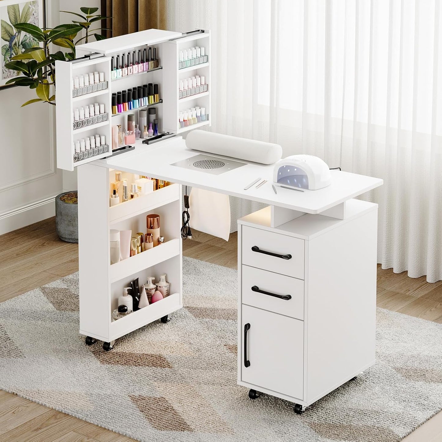 Manicure Table - Nail Desk with LED Light & Dust Collector | Extendable Polish Cabinet, White