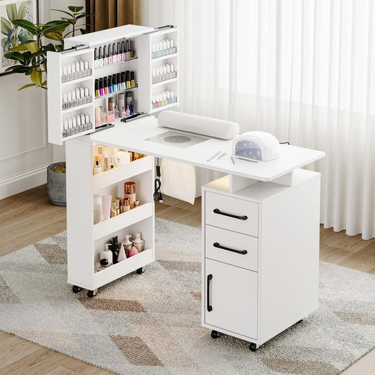 Manicure Table - Nail Desk with LED Light & Dust Collector | Extendable Polish Cabinet, White