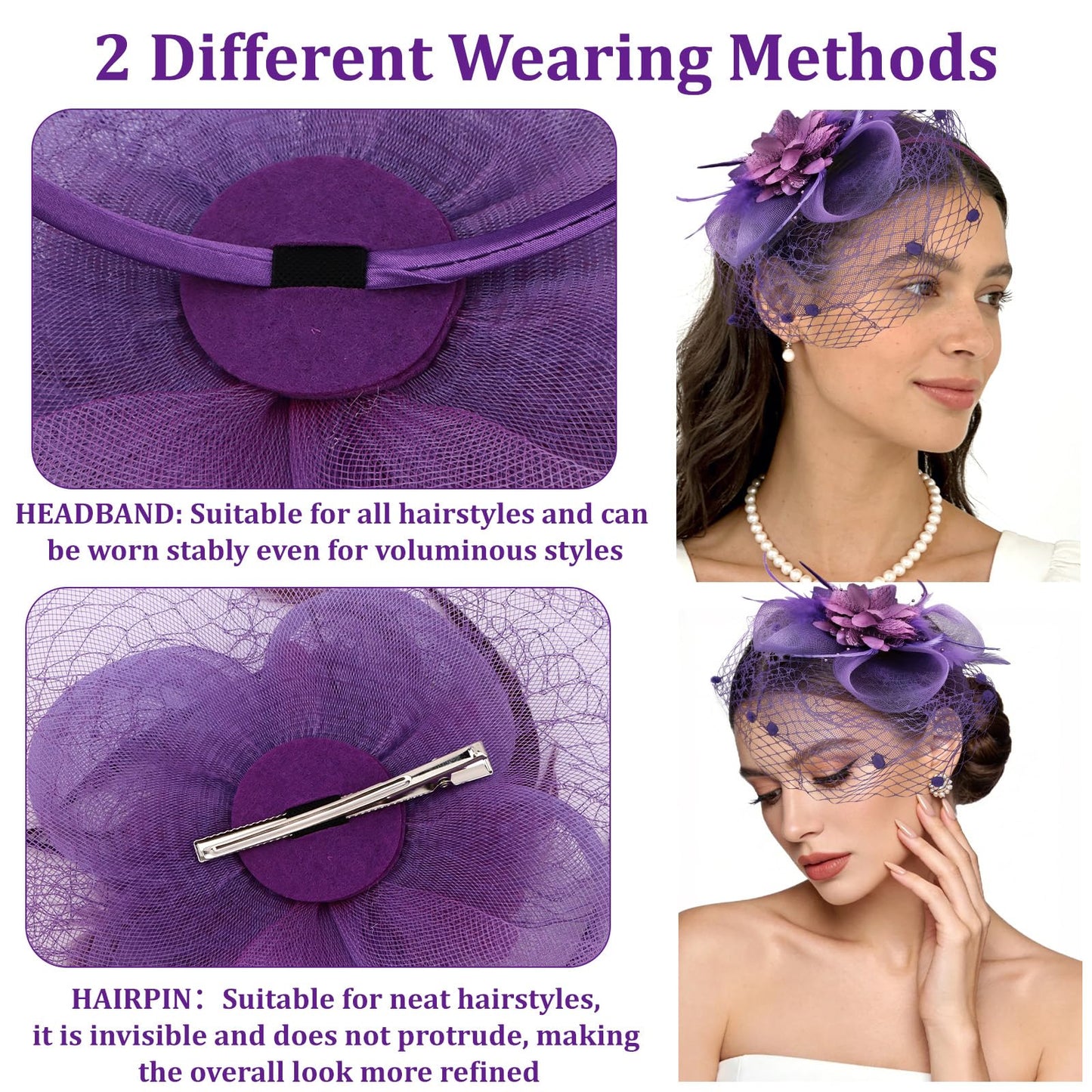 Semato Fascinators Hats for Women Mesh Feathers Elegant Purple Tea Party Kentucky Hat Derby Headband with Hair Clip