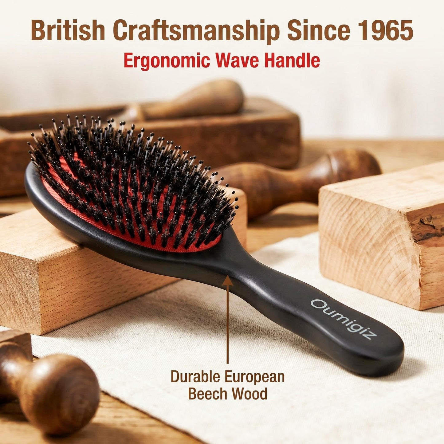 OUMIGIZ Boar Bristle Hair Brush Since 1965 British Craftsmanship, Handmade Natural Wood Slick Back Hairbrush, Gentle Detangling Smoothing Women Men Kids Curly Thick, Fine Hair