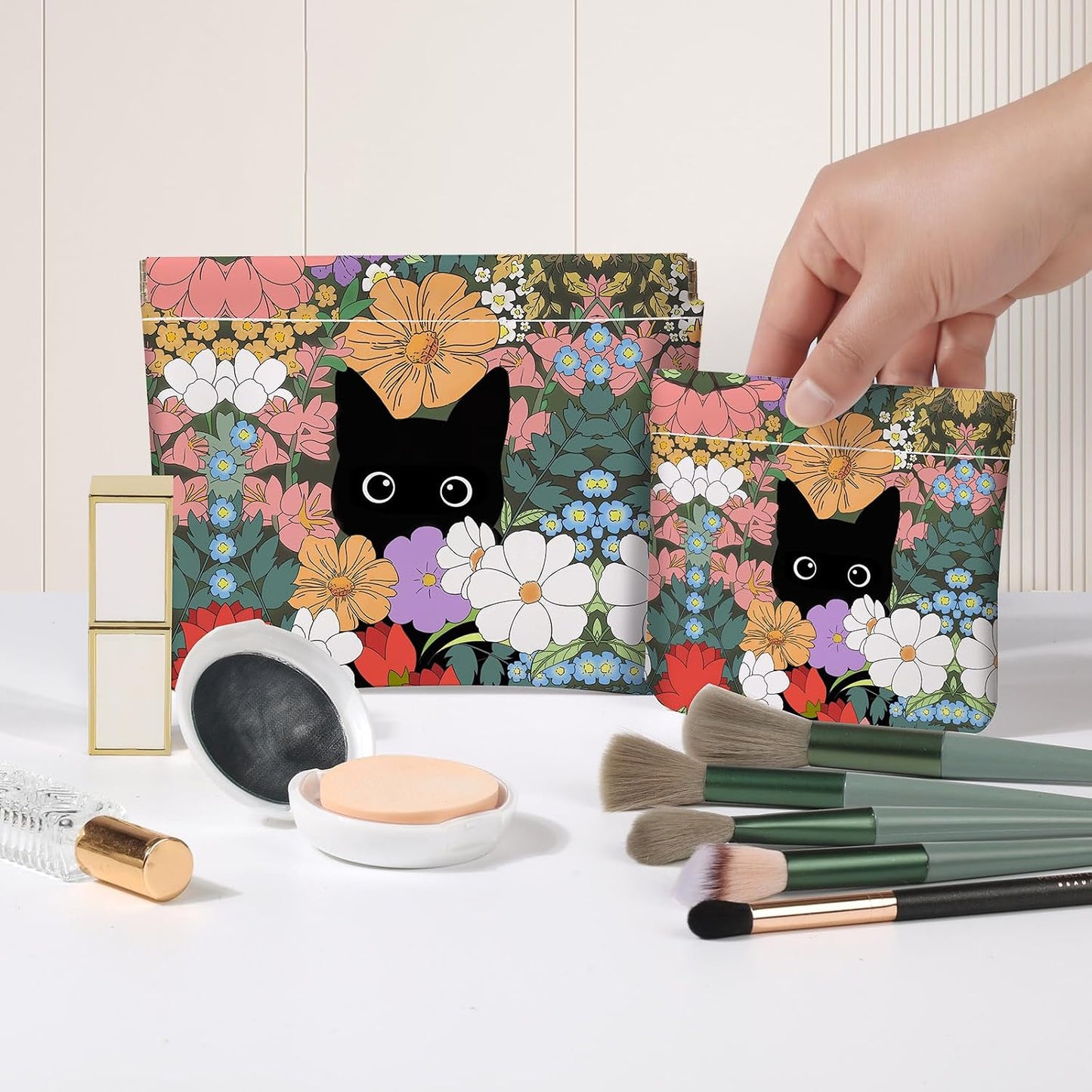 Small Makeup Bag Set - 2 PCS PU Leather Cosmetic Organizers | Portable Travel Pouch for Women - Floral & Cat Design