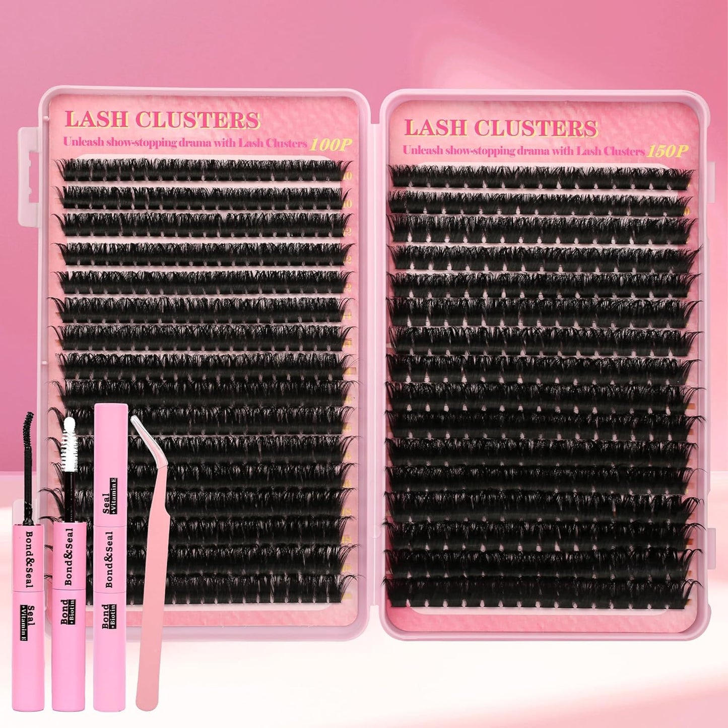 Lash Extension Kit - 640 Pcs Volume C Curl Eyelash Clusters | DIY Cluster Extensions with Bond & Tweezers