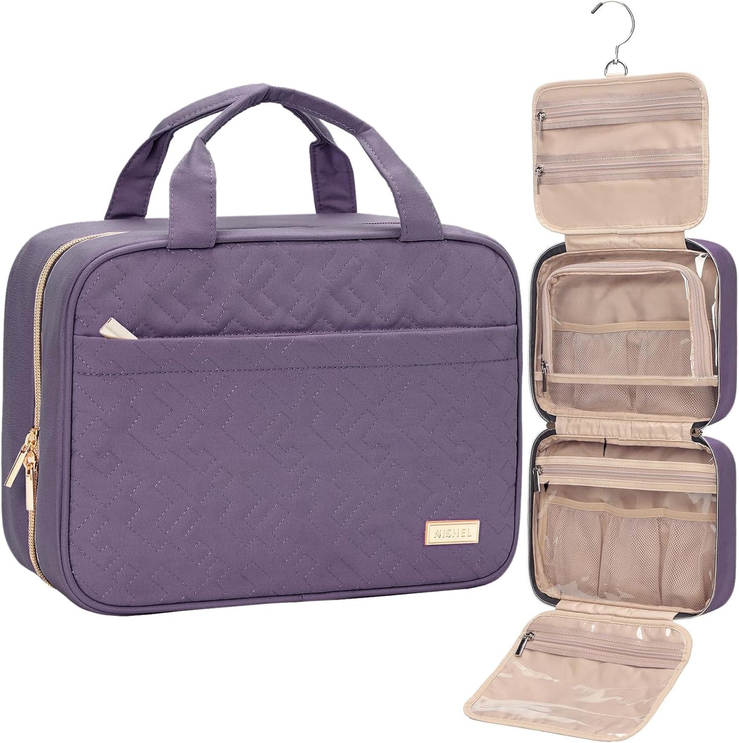 NISHEL Travel Toiletry Bag - Portable Hanging Organizer for Shampoo, Conditioner & Makeup | Medium Pink