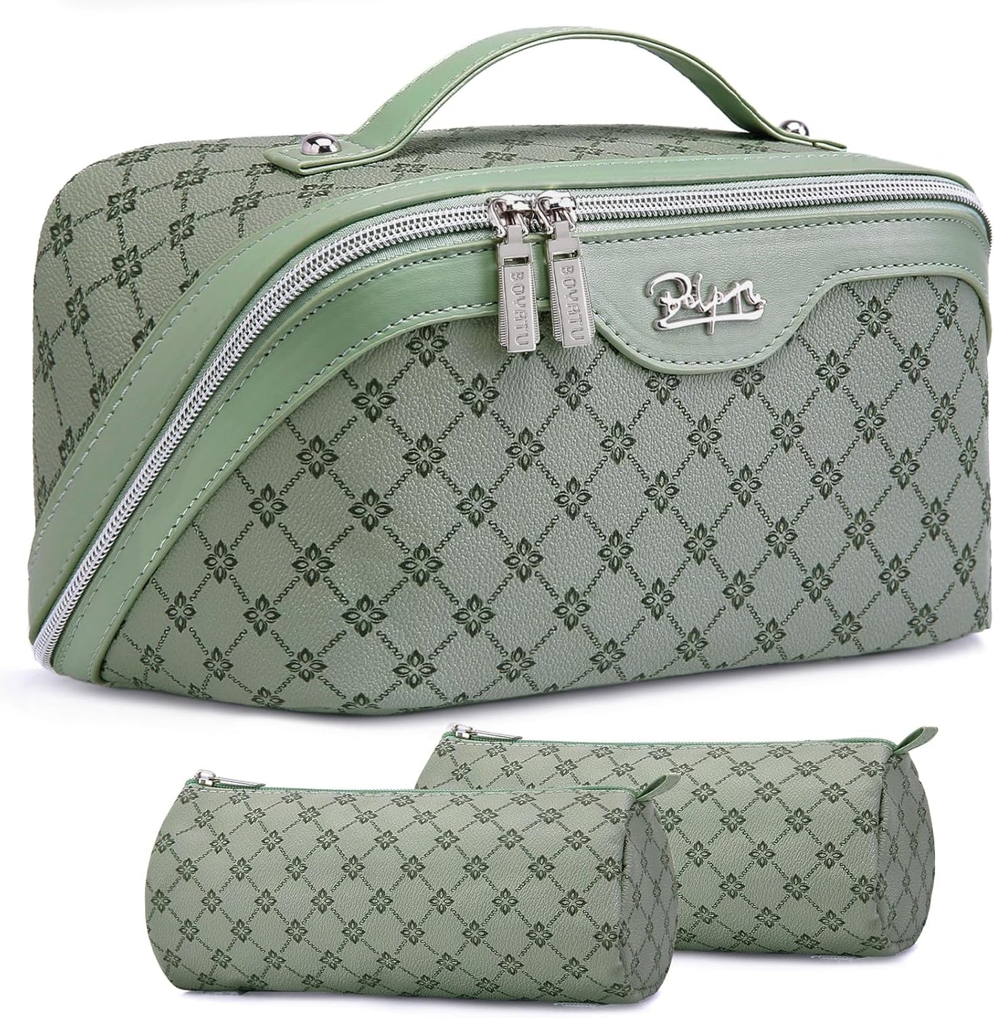 Travel Makeup Bag Set - Large Vegan Leather Cosmetic Organizer with Handle | 3 Pcs Portable Toiletry Bags in Coffee