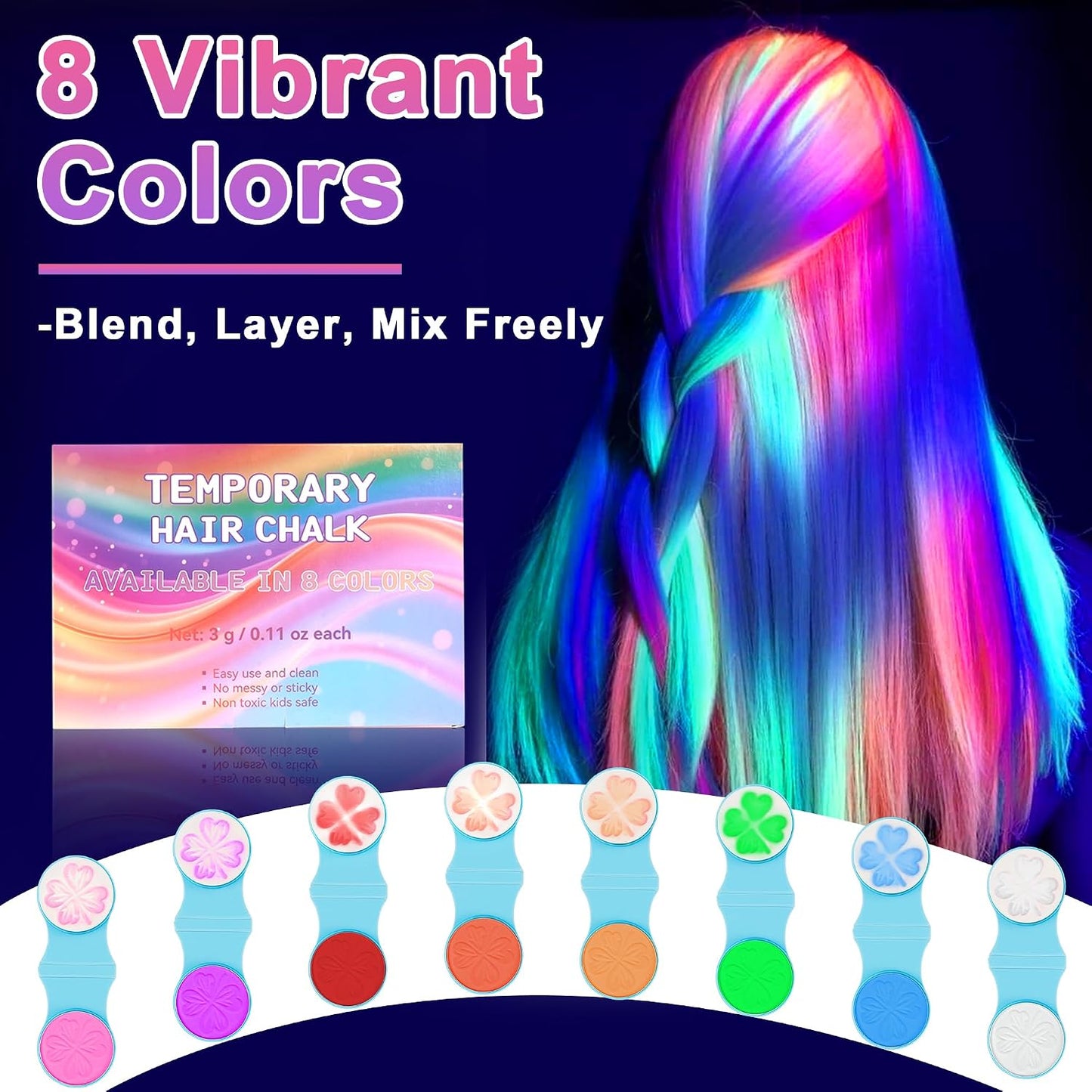 Temporary Hair Chalk - UV Glow Neon Hair Dye Makeup Kit | 8 Washable Colors for Parties & Cosplay