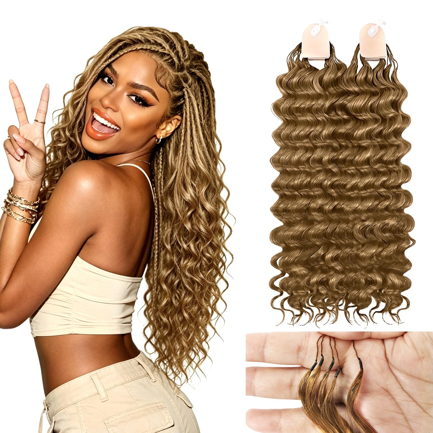 Human Crochet Hair for Black Women 20inch 60g Pre Separated 50 Strands Deep Wave Feather Crochet Human Hair Easy Install Hook Design,27# Invisible Miracle Knots Honey Blonde Boho Crochet Hair