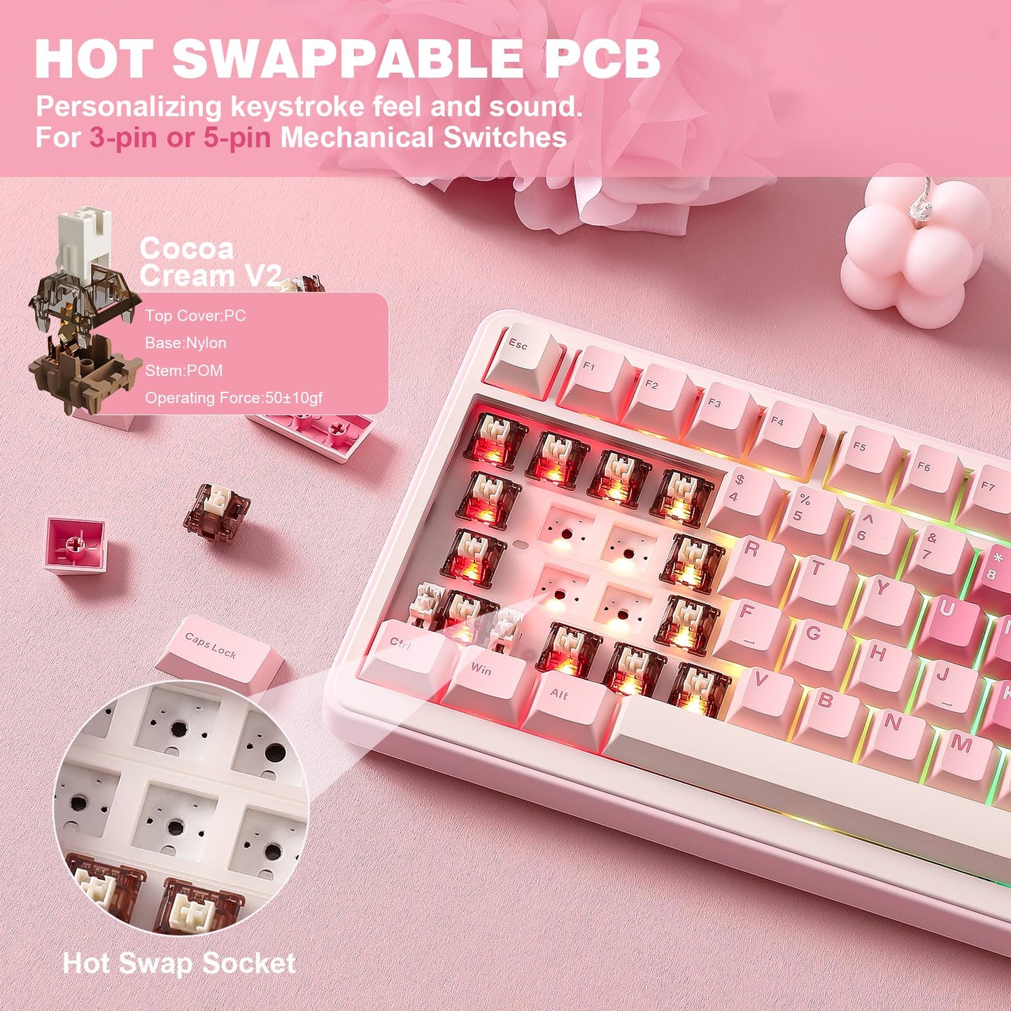 YUNZII B75 PRO Wireless Mechanical Keyboard,75% Layout with Knob,Hot Swap Gasket Custom Structure,Creamy Pre-lubed Switches,RGB Backlit,Bluetooth/Type-C/2.4G for Win/Mac(Cocoa Cream V2 Switch,Pink)