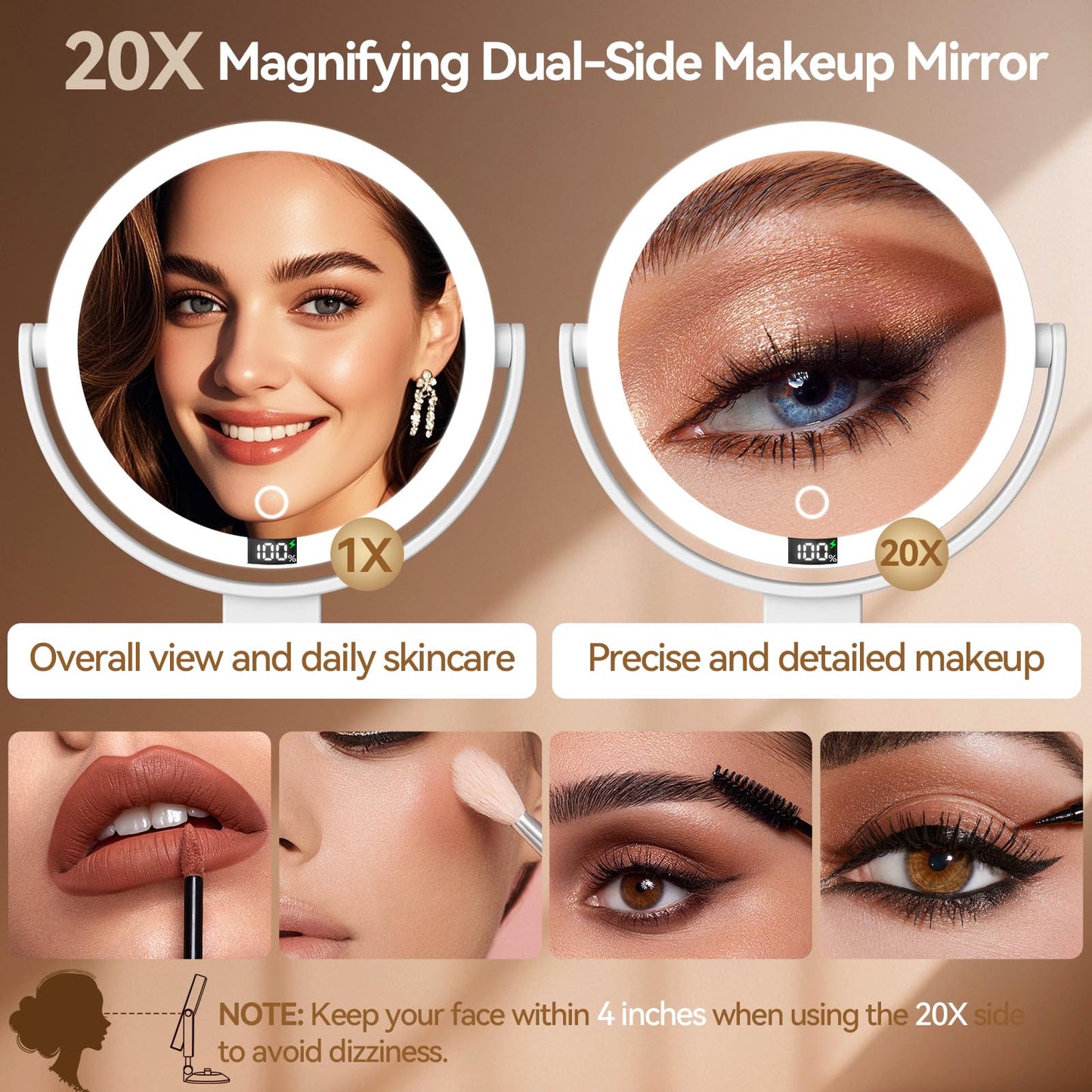 20X Magnifying Mirror Suction Cup with Lights, Wall Mounted Makeup Mirror