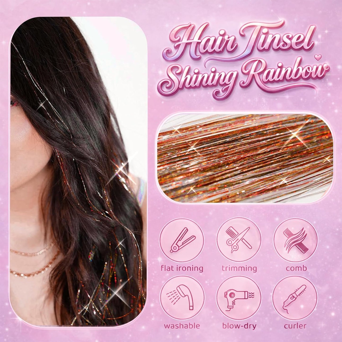 Coffee Brown Hair Tinsel Kit - 8 Pcs 48 Inch Glitter Hair Extensions for Parties & Festivals