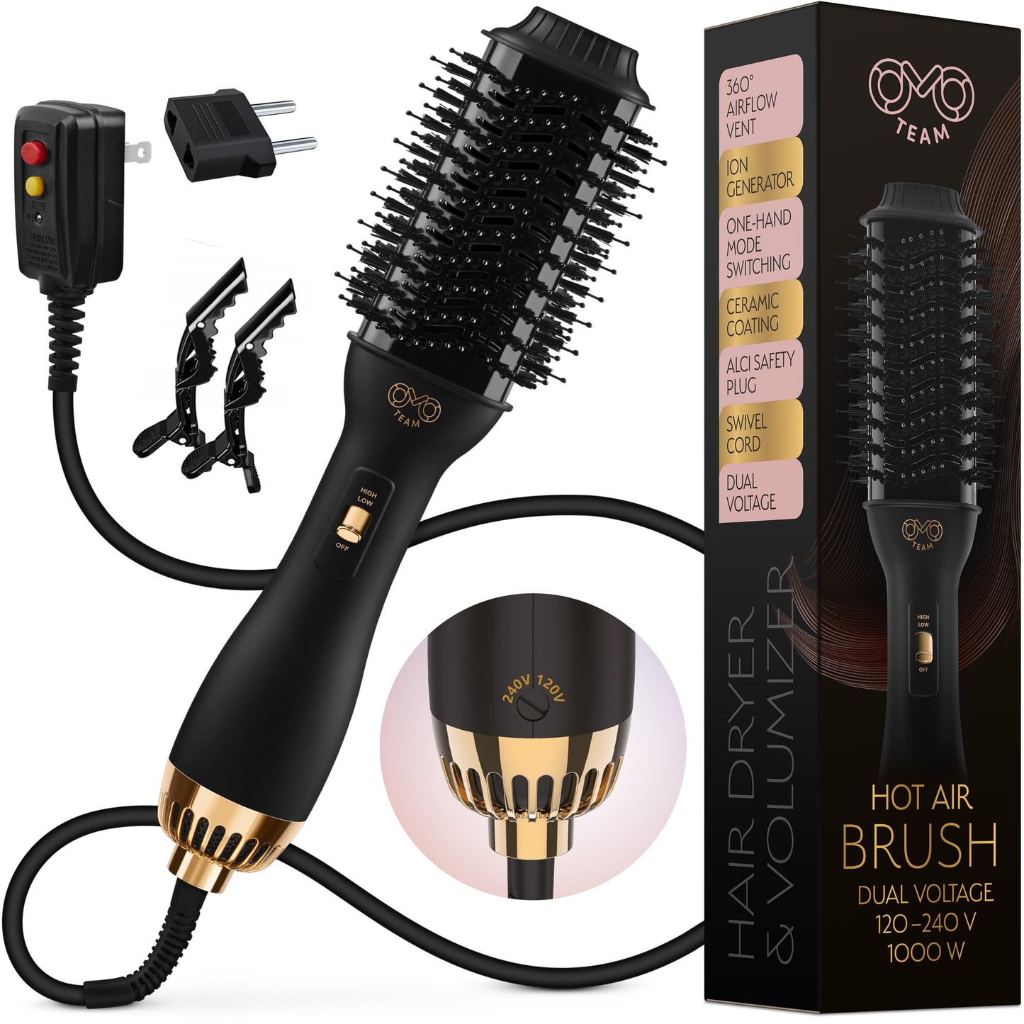 Manual Dual Voltage Blowout Hair Dryer Brush, Professional Hot Air Brush for European Travel 110V-120V/220V-240V, Black Gold Dryer and Volumizer for Women, 2.4 INCHES Oval Shape
