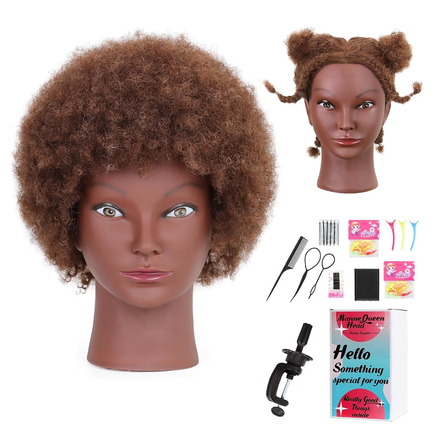 Afro Curly Mannequin Head - 100% Human Hair Cosmetology Doll for Hairdressing Practice | 10'' Brown with Clamp Holder