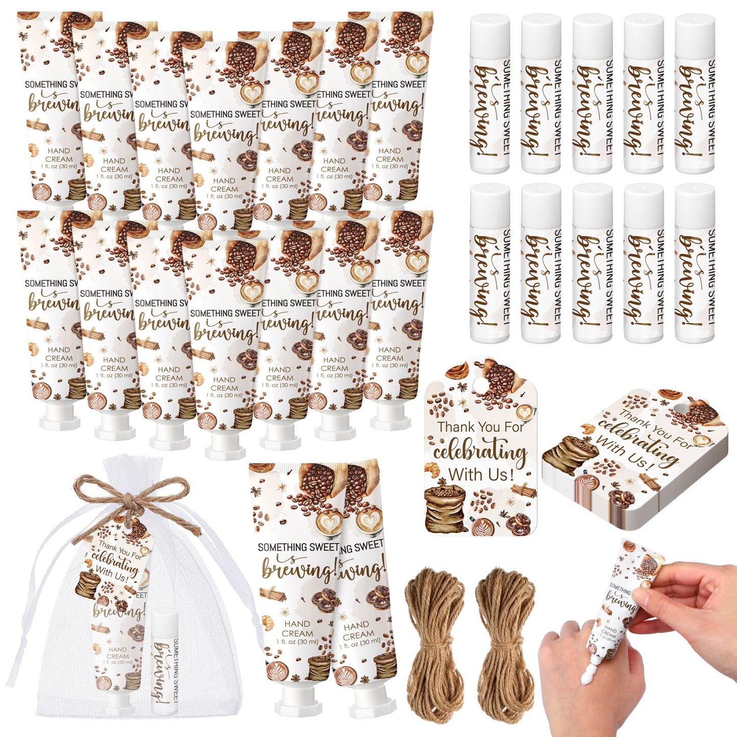 Dansib 24 Sets Coffee Themed Baby Shower Hand Cream and Lip Balm Gift, Something Sweet Is Brewing Baby Shower Party Favors for Guest Travel Size Hand Lotion and Lip Balm Bulk Birthday Party Supplies