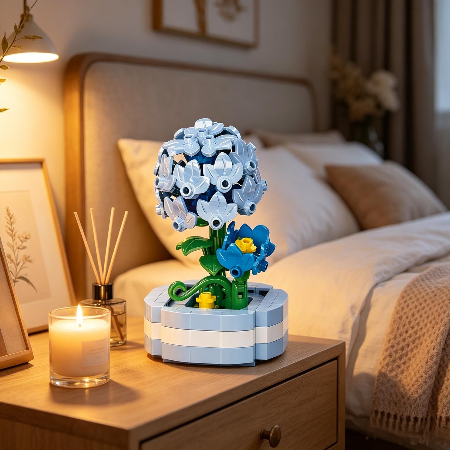 Hydrangea Hand-Assembled Figurine with Display Base, Mini Flower Desk Decor, Hydrangea Theme Collectible Statue for Home Office Shel