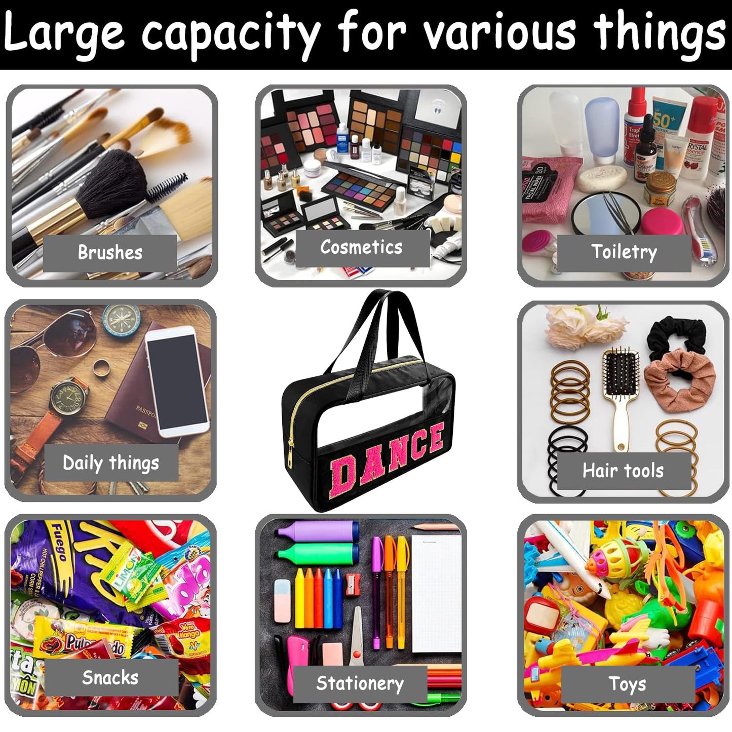 Bunliuys Chenille Letter Clear Makeup Bag Dance Patch, Travel Toiletry Makeup Bag with Handle, Nylon Waterproof Makeup Bags clear cosmetic bag, preppy patch makeup bag for Women (DANCE-Black)