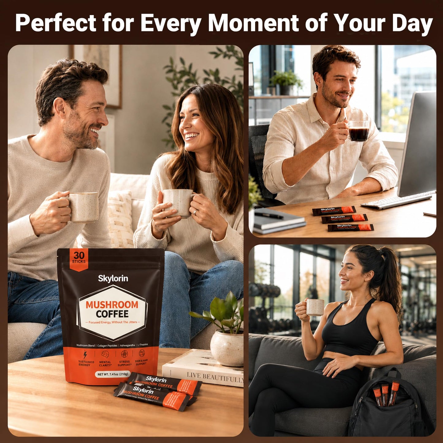 Skylorin 30 Sticks Mushroom Coffee - 7 Adaptogenic Mushrooms & 3000mg Collagen, Ashwagandha & L-Theanine - Smooth Low-Acid Instant Coffee Packets for Focus, Energy, Digestion, Skin & Immune Support