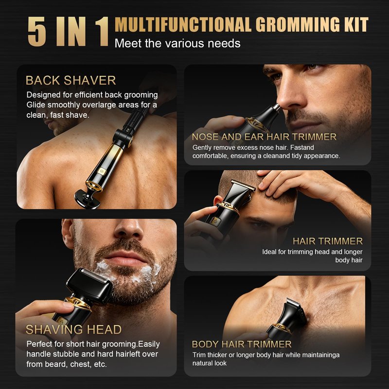 Back Shaver for Men,LED Display 5 in 1 Electric Body Groomer with Adjustable Long Handle - Rechargeable, IPX6 Waterproof Men Back Trimmer for Full Body Grooming,Gold