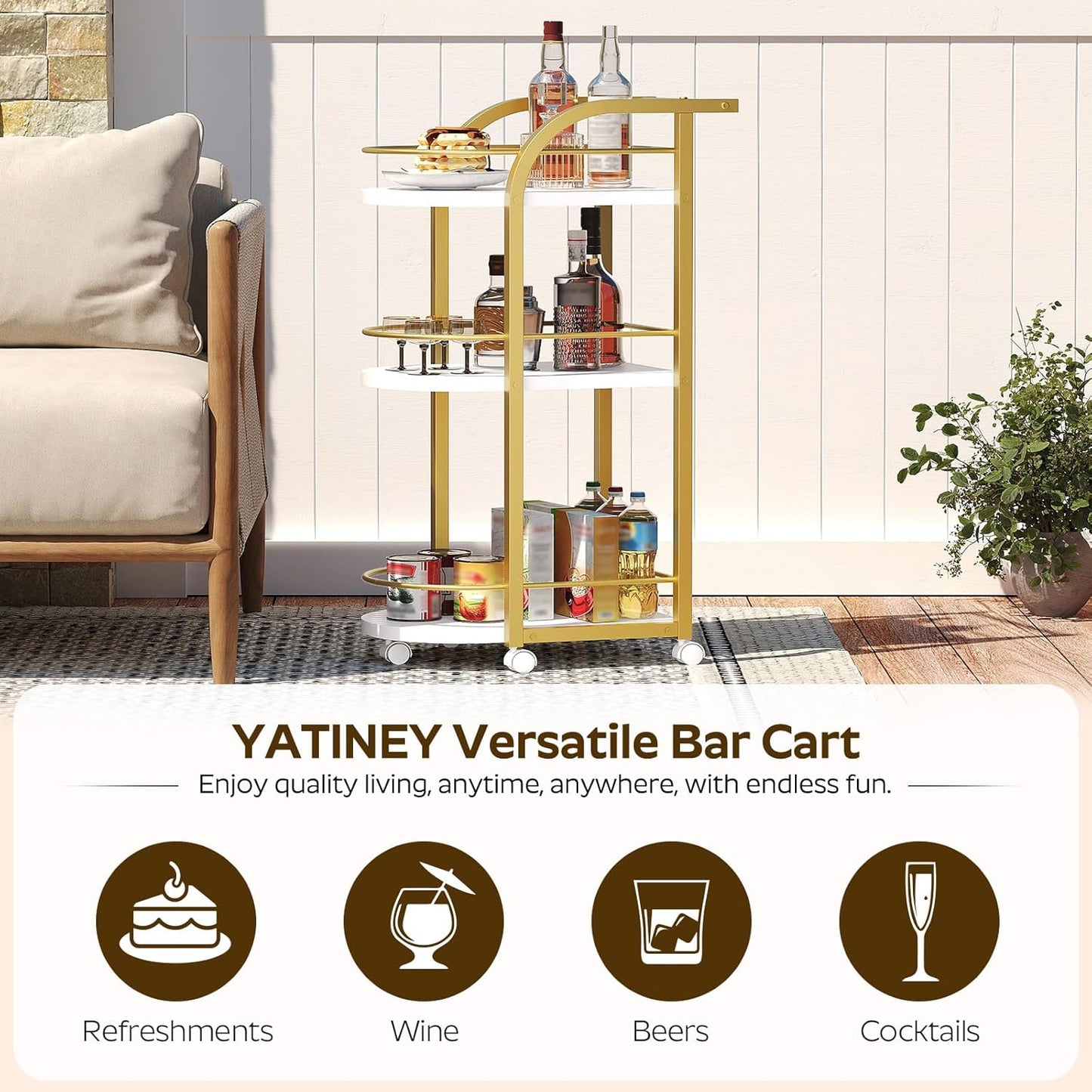 3-Tier Bar Cart - Home Serving Cart with Wheels & Fence | White & Gold Finish for Dining Room, Living Room, Garden
