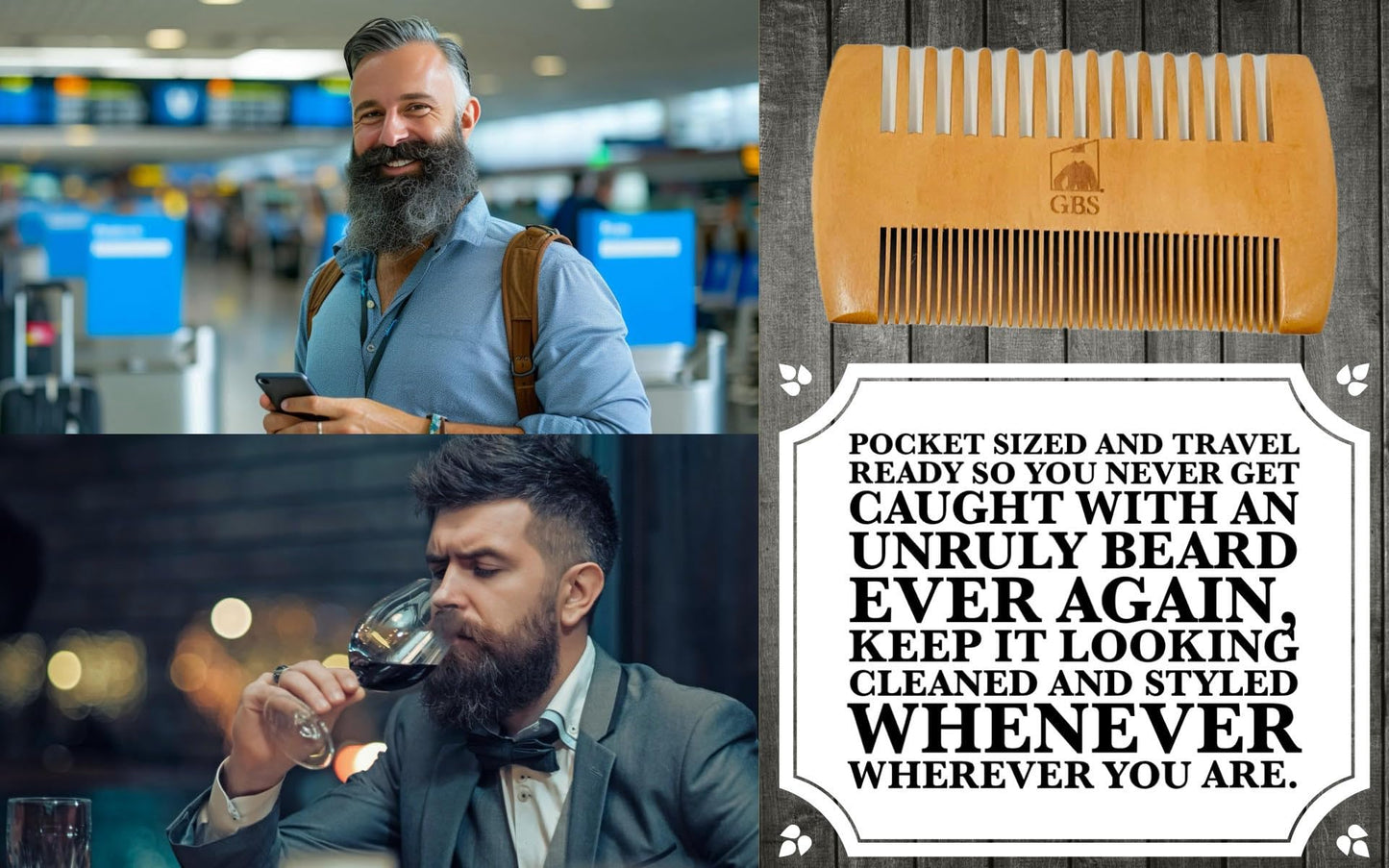 GENTS 2-Sided Wooden Beard & Mustache Comb with Fine & Coarse Teeth for Use with Balms, Wax and Oils - Pocket Sized