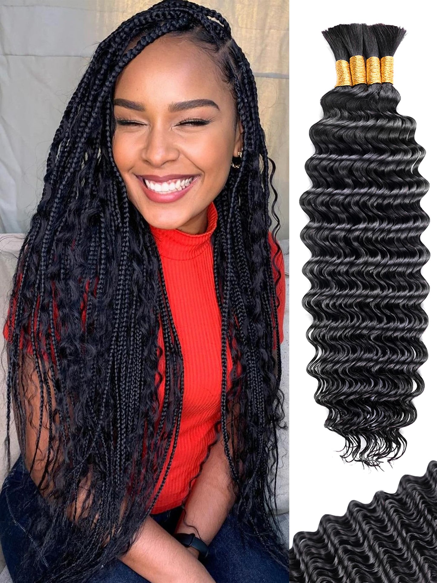 KULYMUWIG Human Braiding Hair for Boho Braids 18 Inch 100 g 4 Bundles Deep Wave Bulk Human Hair for Braiding No Weft 10A Curly Human Hair Extensions for Braids Wet and Wavy Braid
