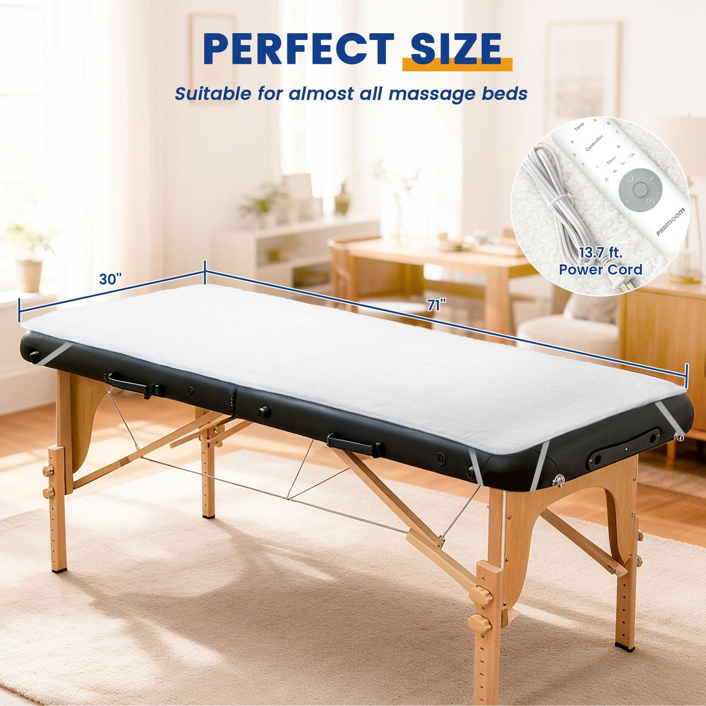 PARMOOM Massage Table Warmer Heating Pad Professional Massage Bed Warmer with 4 Timer, 8 Heat Settings, Overheat Protection for Massage Bed & Spa, Thickened & Soft Fleece, 30" x 71"