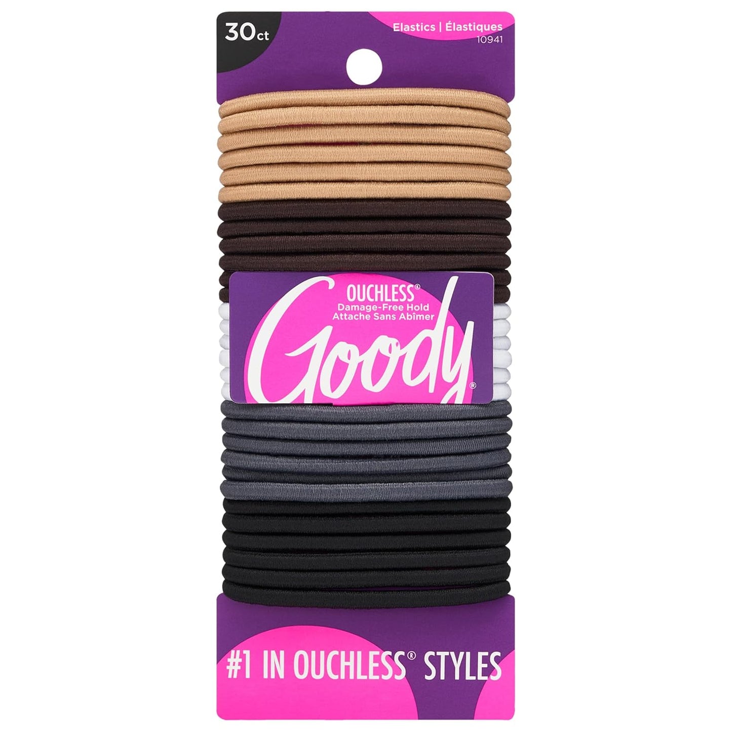 Goody Ouchless Hair Elastics - Tangle-Free Hold for Thick, Curly & Coily Hair - 30 Count, Black Ponytail Holders