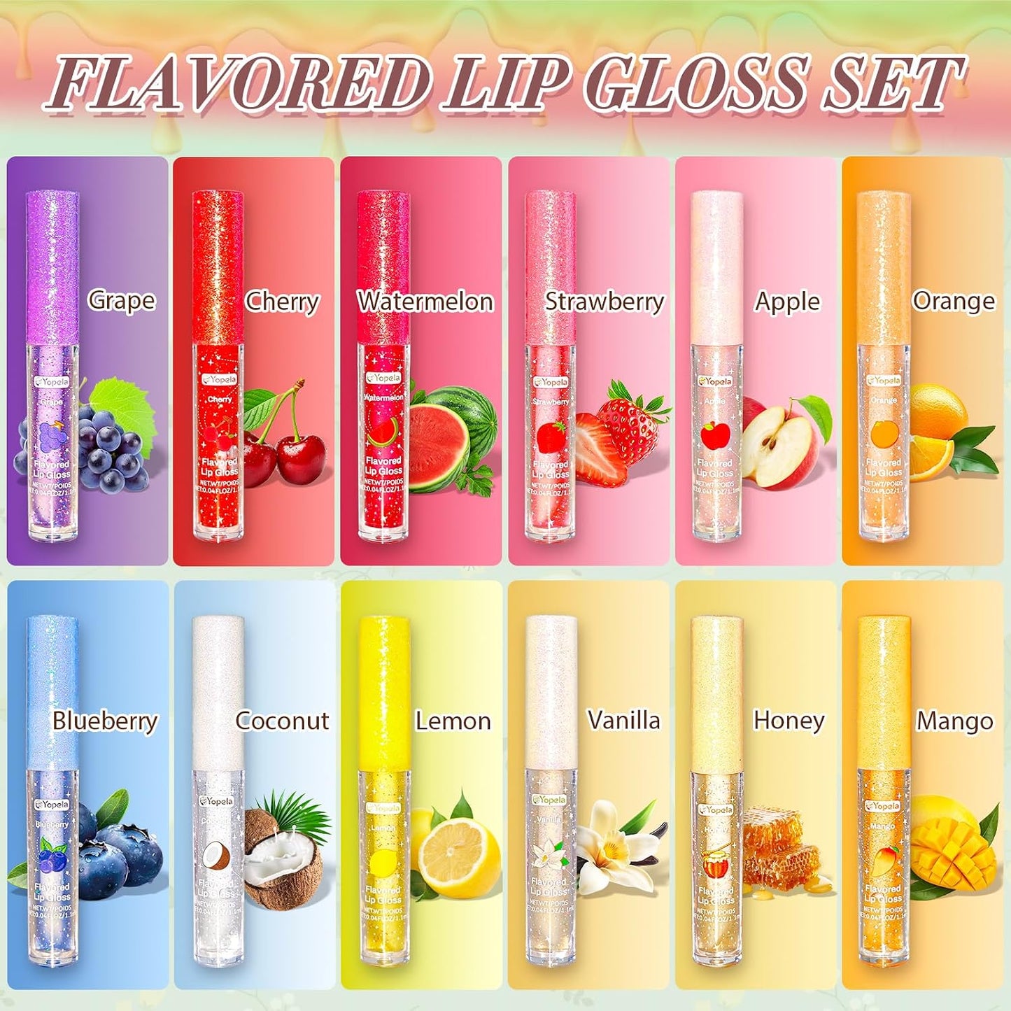 Yopela 12pcs Lip Gloss Set - Moisturizing Glitter Lip Gloss with Vitamin E & Natural Oils | Fruity Flavors for Girls & Teens