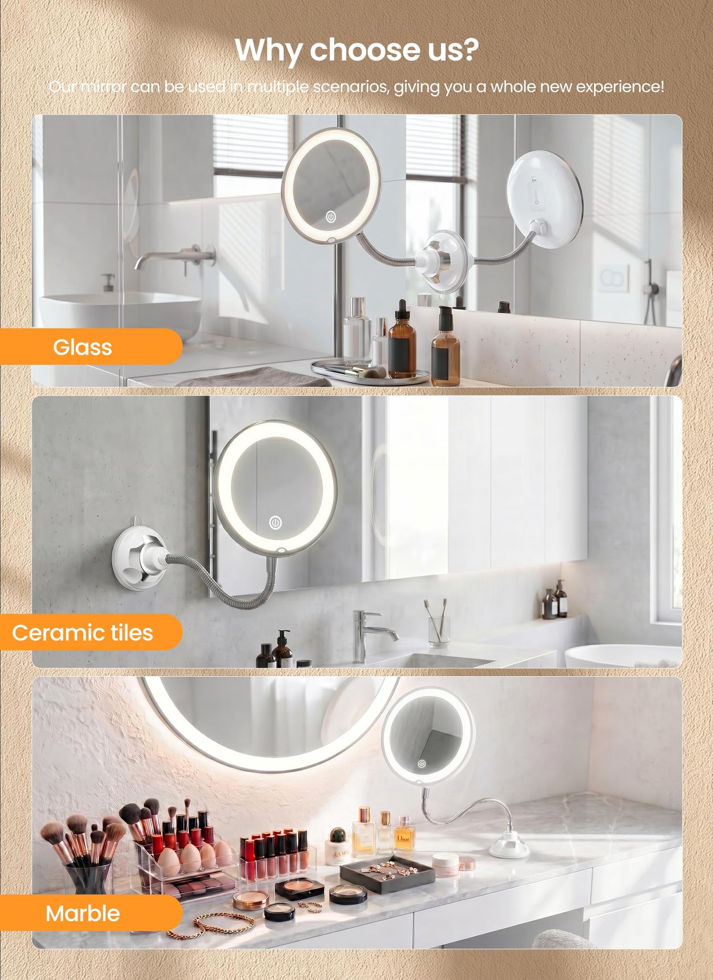 Brightown 10x Makeup Mirror with Lights and Magnification,Flexible Gooseneck Magnifying Mirror with 3 Lighting and Adjustable Brightness,Battery Operated with Suction Cup for Bathroom Bedroom, White